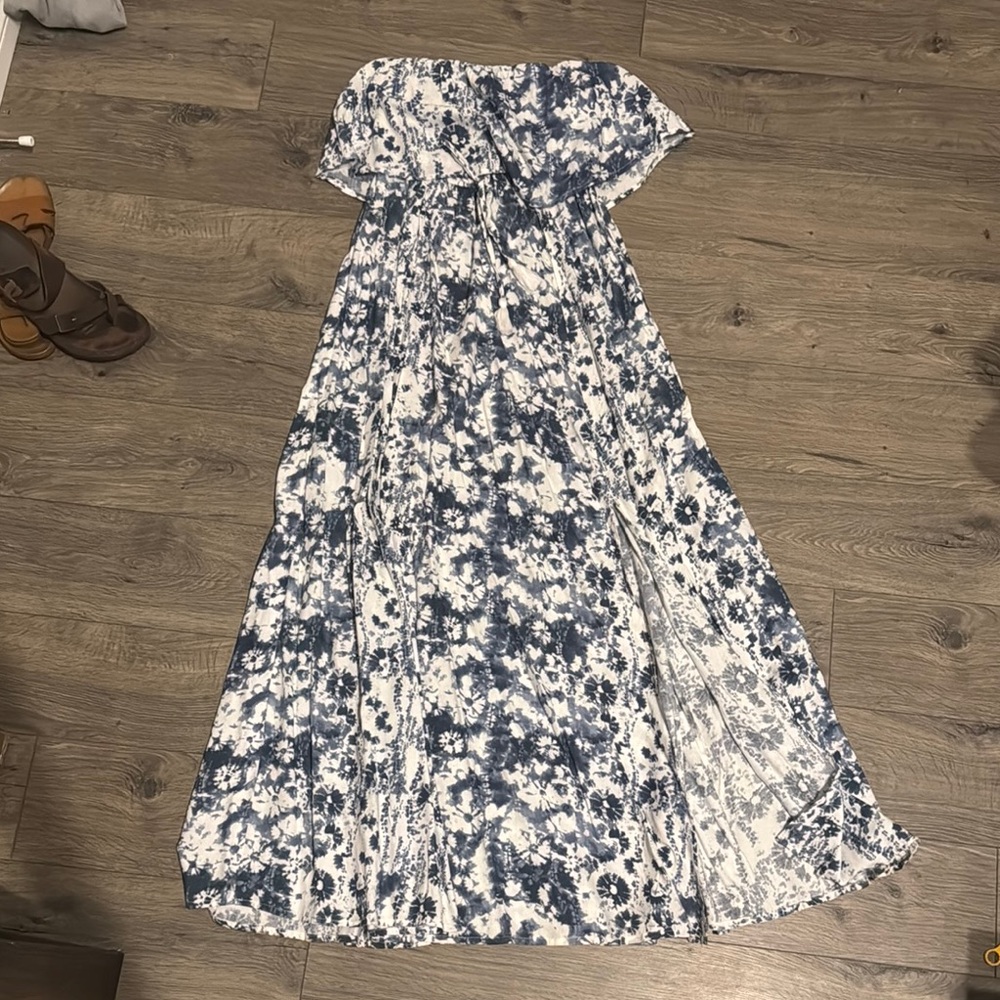 Blue and White Strapless Maxi Dress